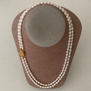 Double Fresh Pearl Necklace Fine Rounds Size 6-7 20” with Silver Clasp